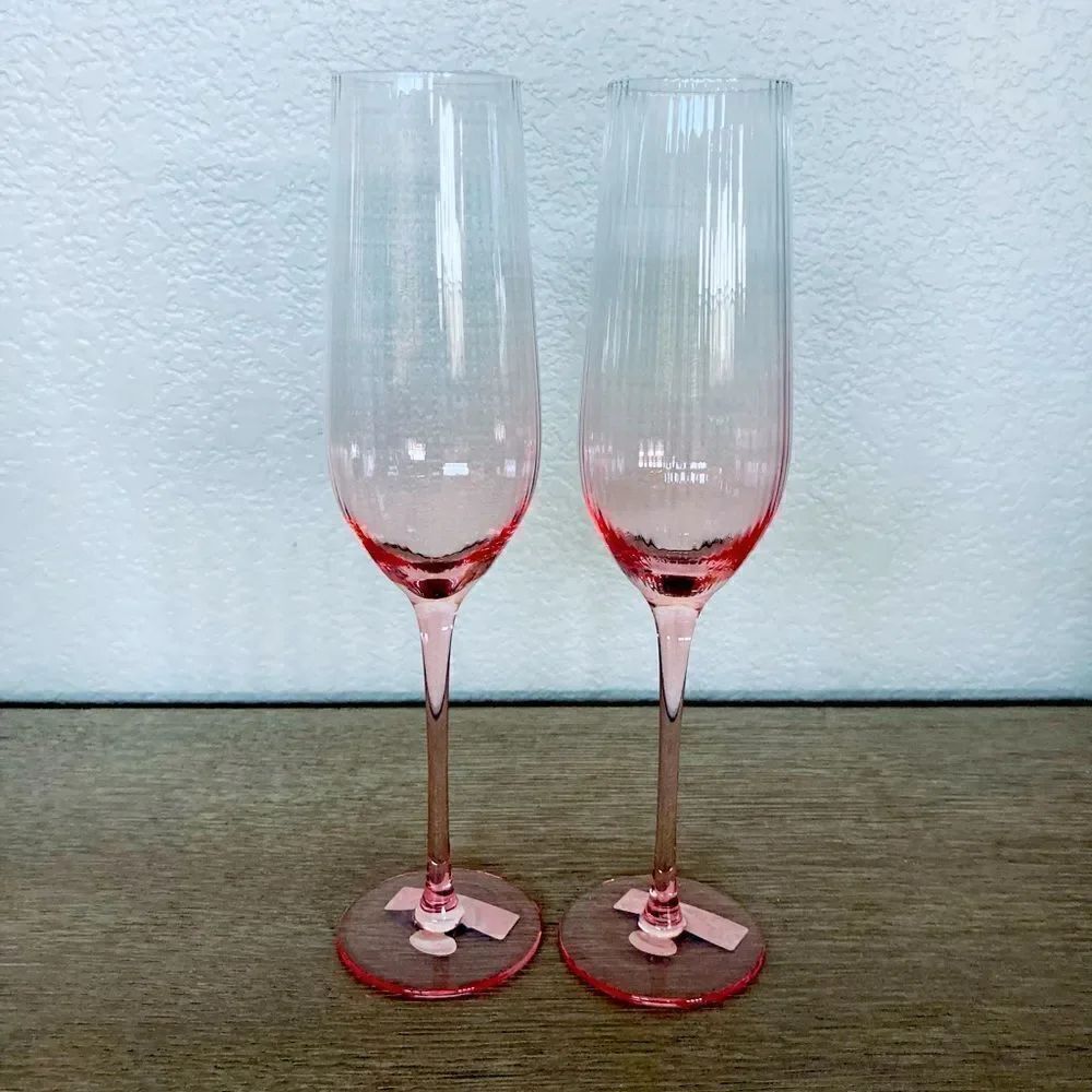 Pink Glass Champagne Flutes Glasses Set